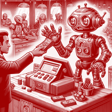 Ein Roboter kassiert Geld von einem Menschen.